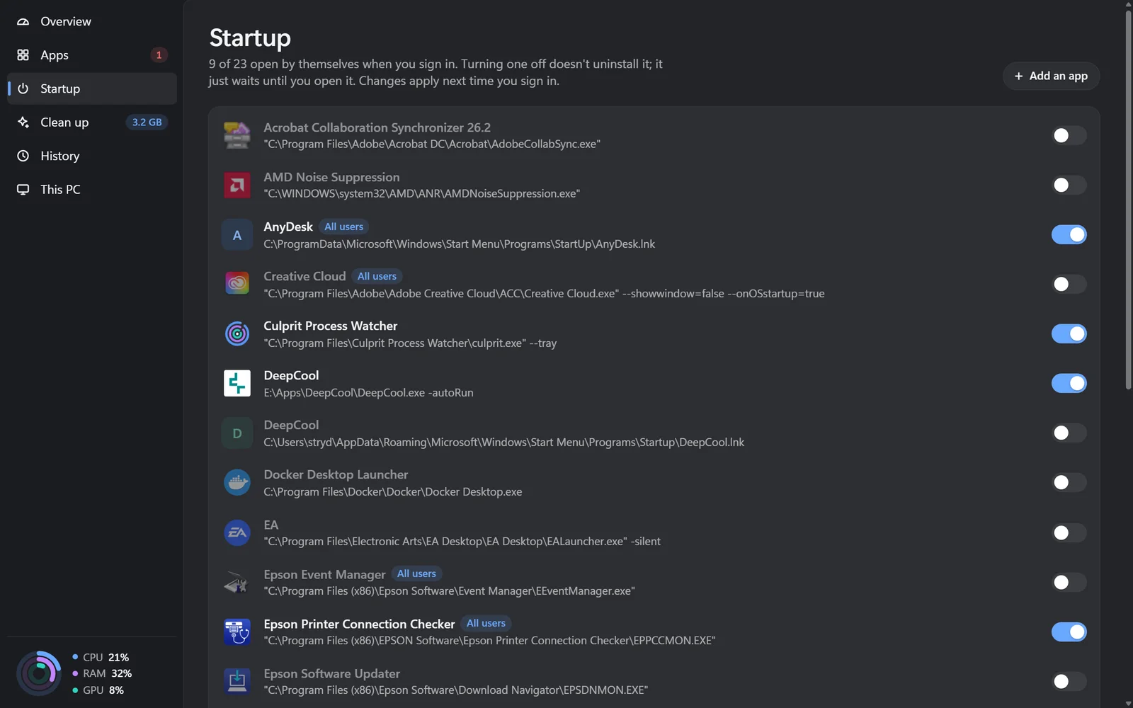 Startup: apps that open at sign-in, each with an on and off switch