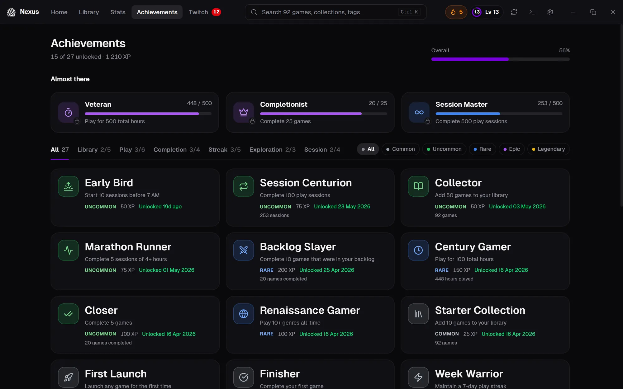 Achievements with progress bars and an Almost there row