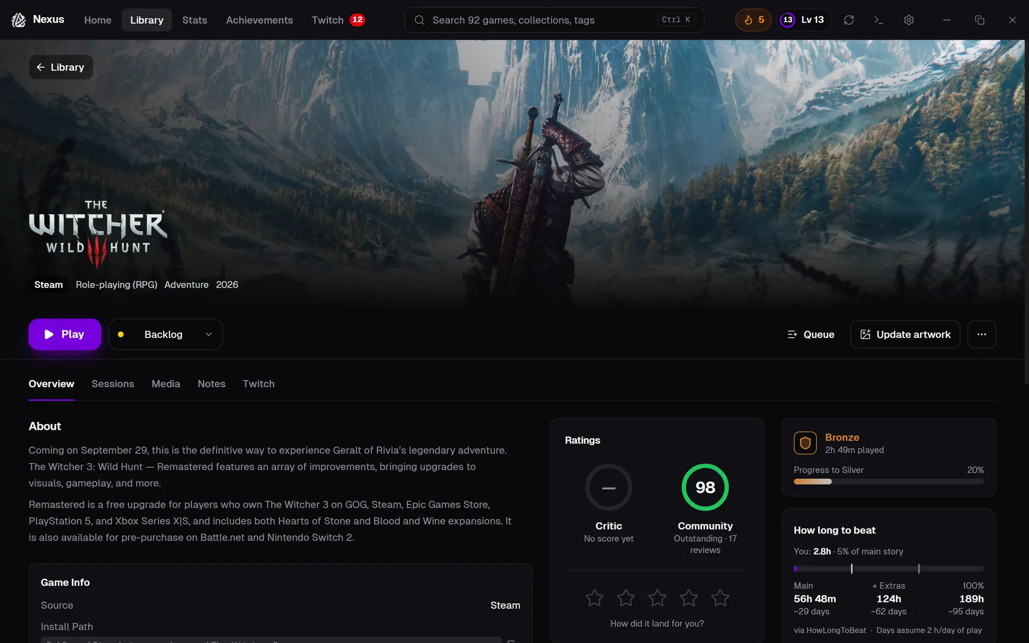 The Witcher 3 game page with hero art, a ratings scorecard and How Long to Beat