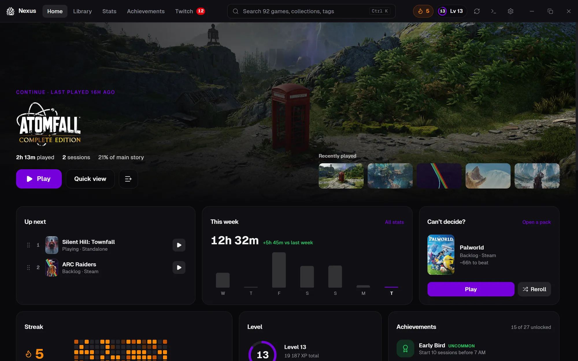 Nexus Home: a spotlight on the game being played, Up next, this week's play time, streak, level and achievements