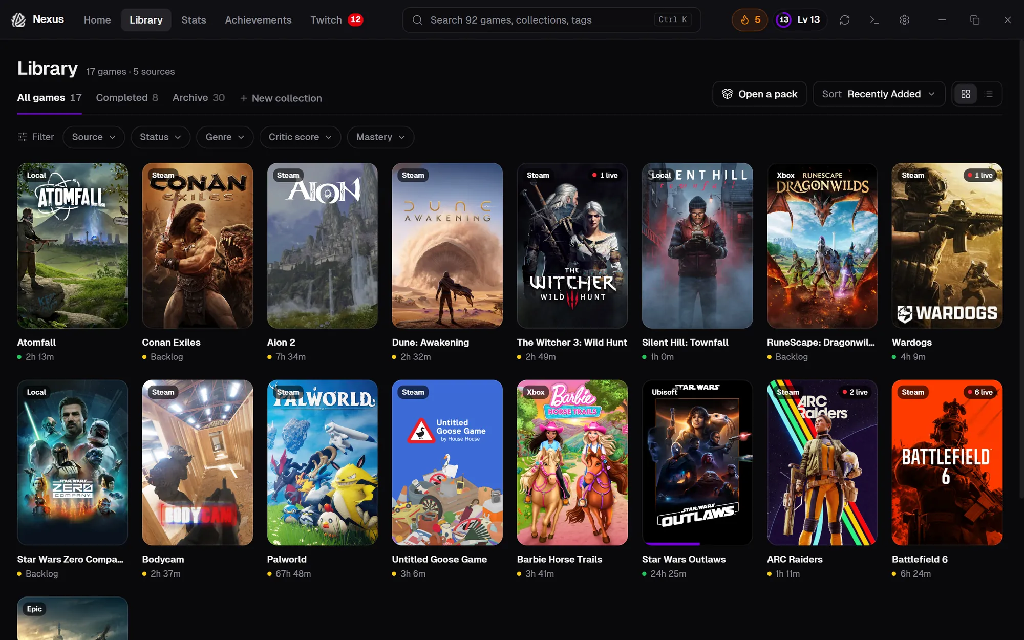 The Nexus library: a grid of game covers from every store
