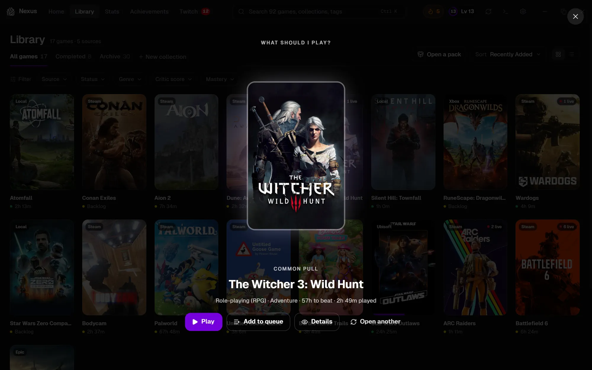 Open a pack: a card flipped over to reveal The Witcher 3
