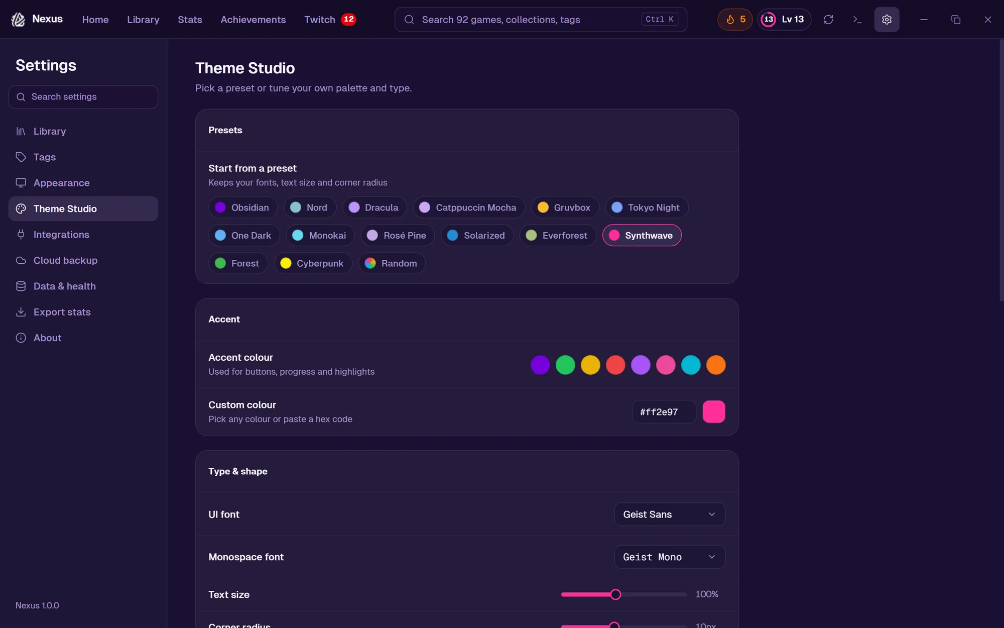 Theme Studio in Settings with the Synthwave preset