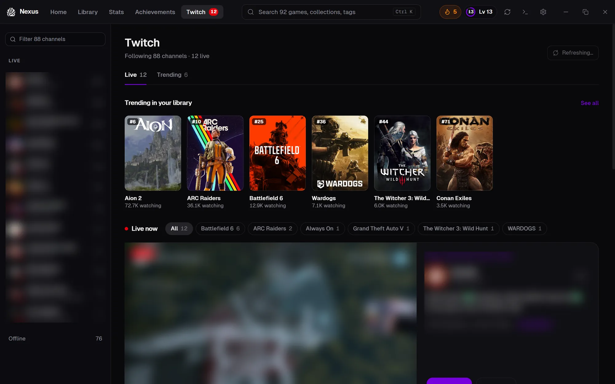 The Twitch tab: trending streams of games in the library