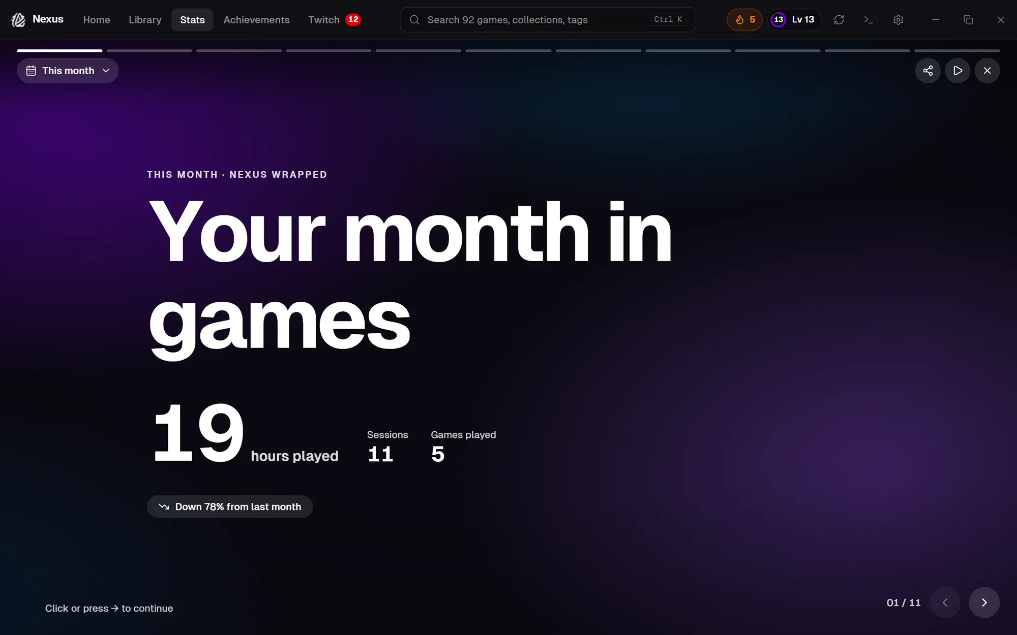 Nexus Wrapped: Your month in games, 19 hours played