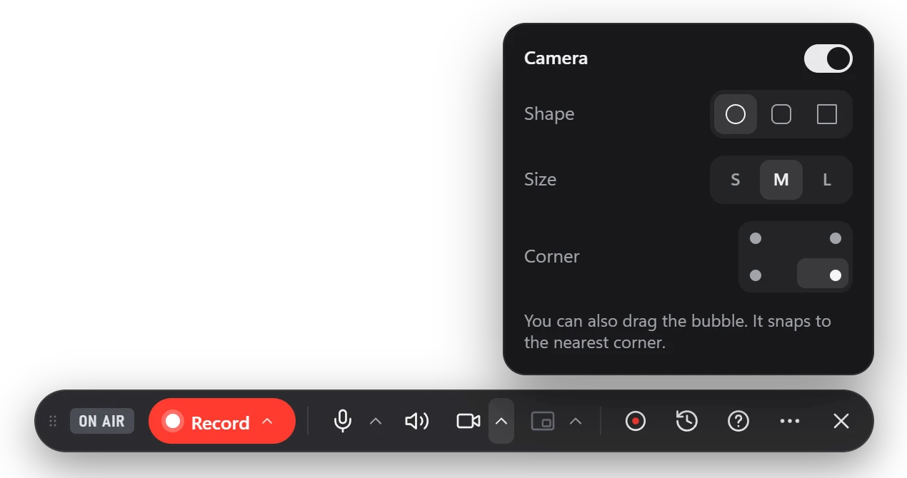 The camera menu: bubble shape, size and corner