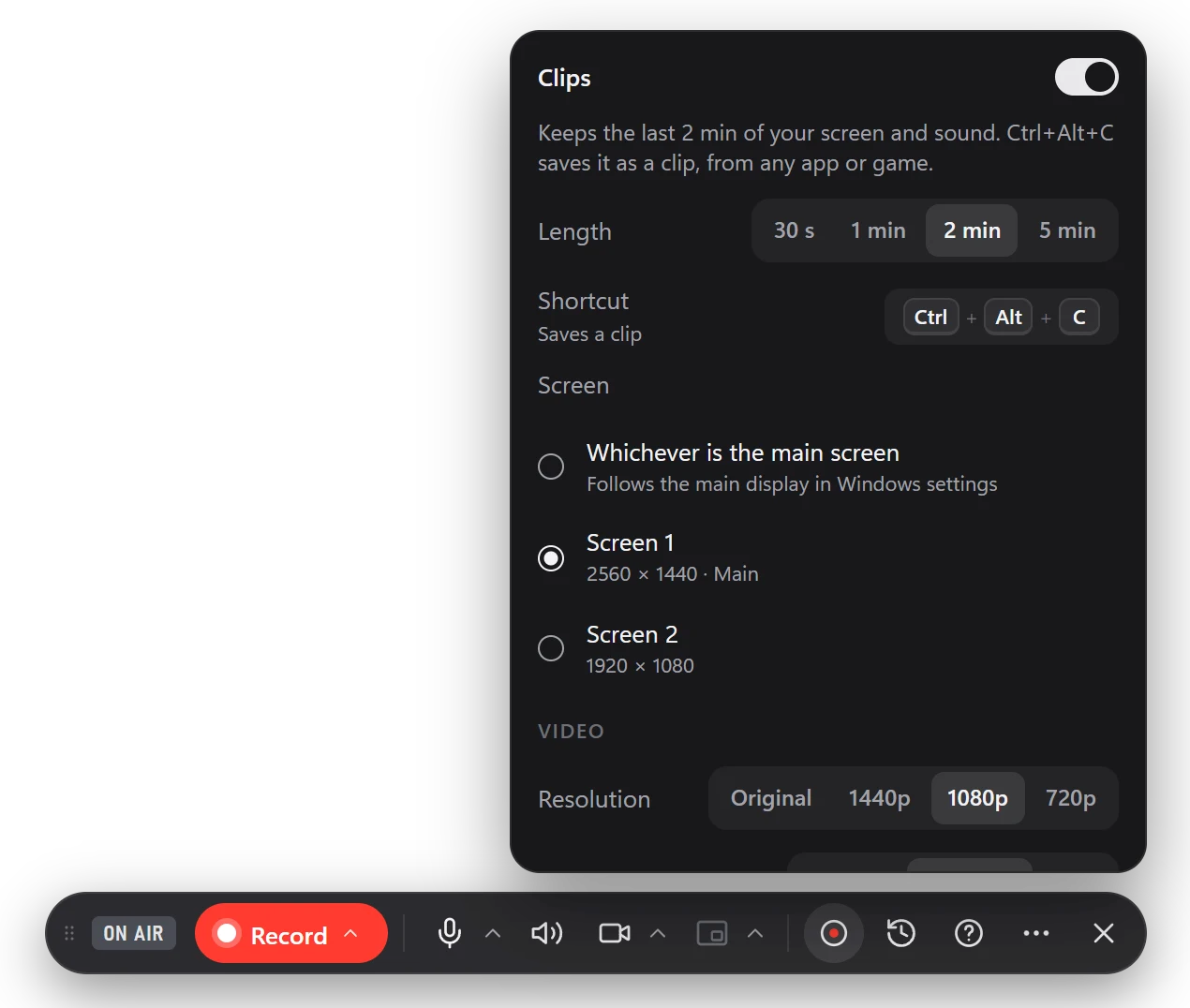 The Clips menu: length from 30 seconds to 5 minutes, the Ctrl+Alt+C shortcut and which screen to keep