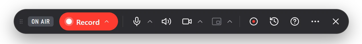 The idle control bar: ON AIR, Record, mic, sound, camera, inlay, Clips, Recent, help, more and close