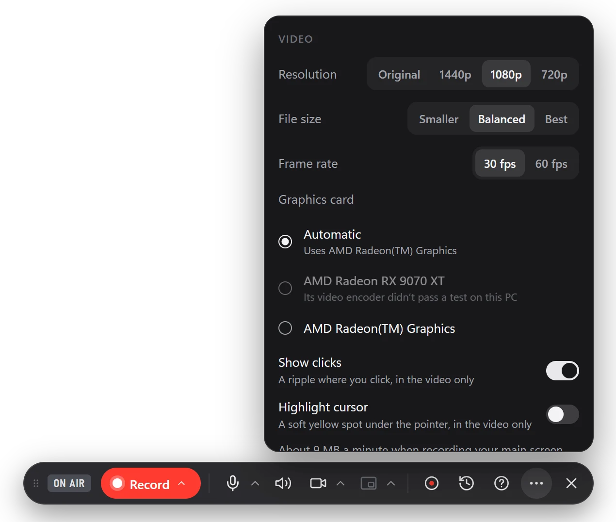 The more menu: resolution, file size, frame rate, graphics card, show clicks and highlight cursor