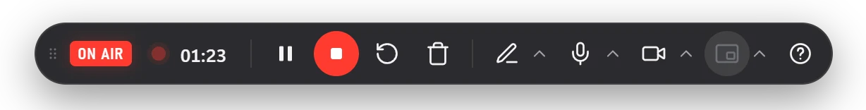 The bar while recording: a tally light, 01:23, pause, stop, start over, discard, pen and device toggles
