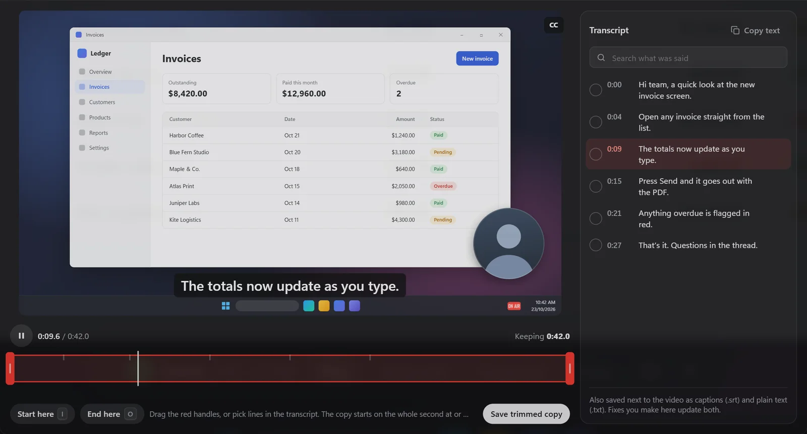 The review window: a recording beside its transcript, the current line highlighted and shown as a caption, with a trim track below